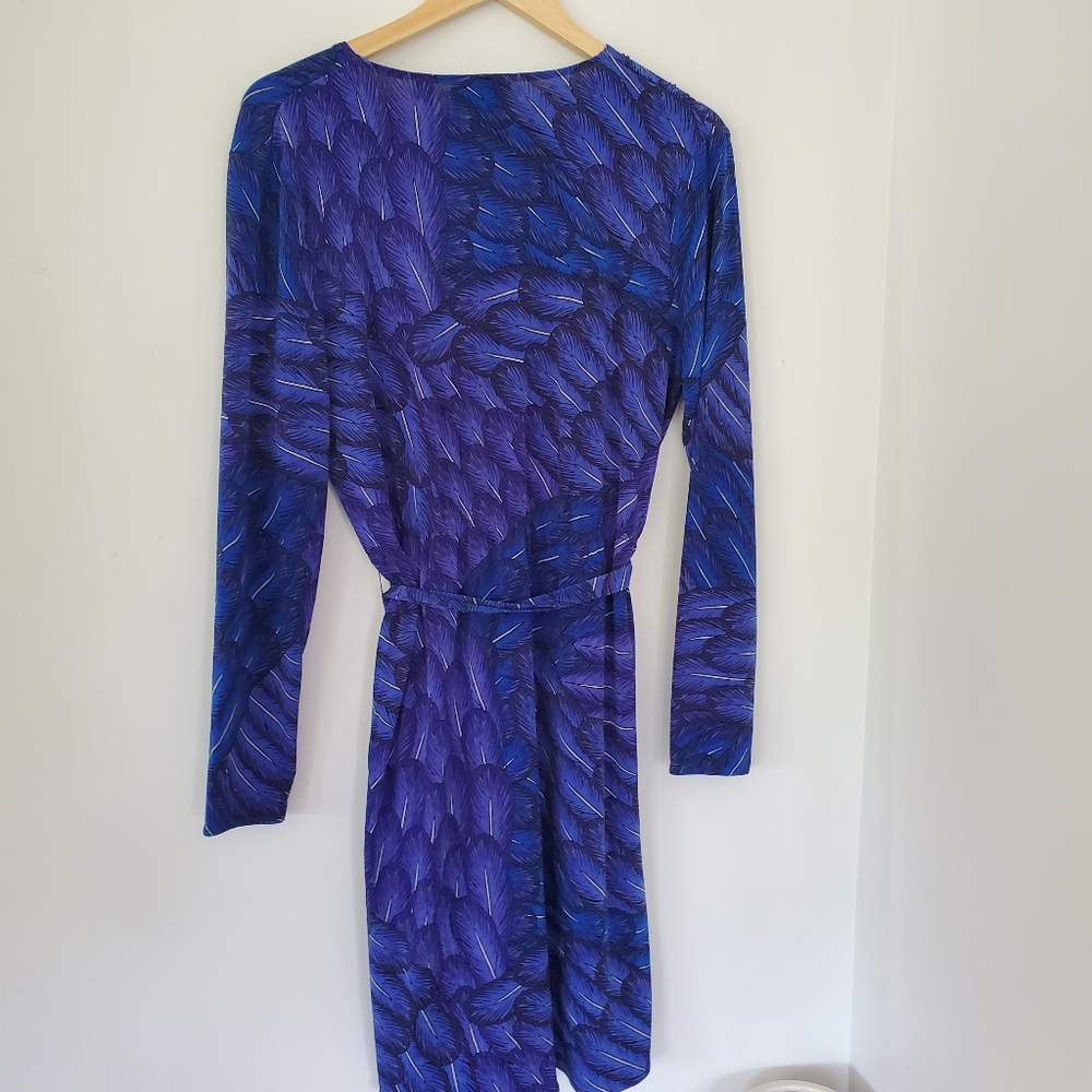MARA HOFFMAN GYPSY M Blue Feather Print Faux Wrap 39" Dress LS Party Office EUC - Picture 7 of 13